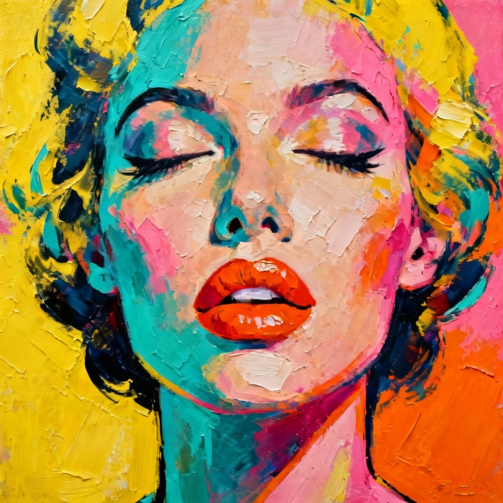 Abstract portrait of a woman, colorful modern art painting, bold brush strokes, vibrant colors (yellow, turquoise, pink, orange), expressive face with closed eyes and big lips, contemporary pop art, textured canvas, perfect for Etsy wall art, high resolution