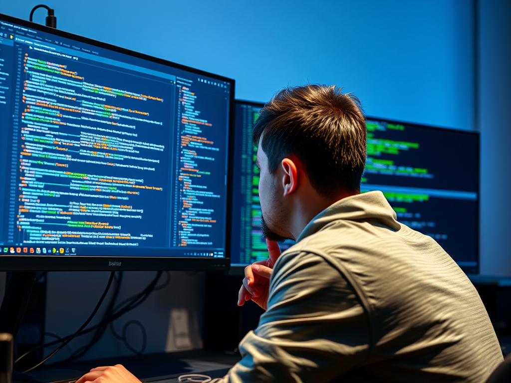 web developer examining website code on a high-resolution monitor with technical diagrams