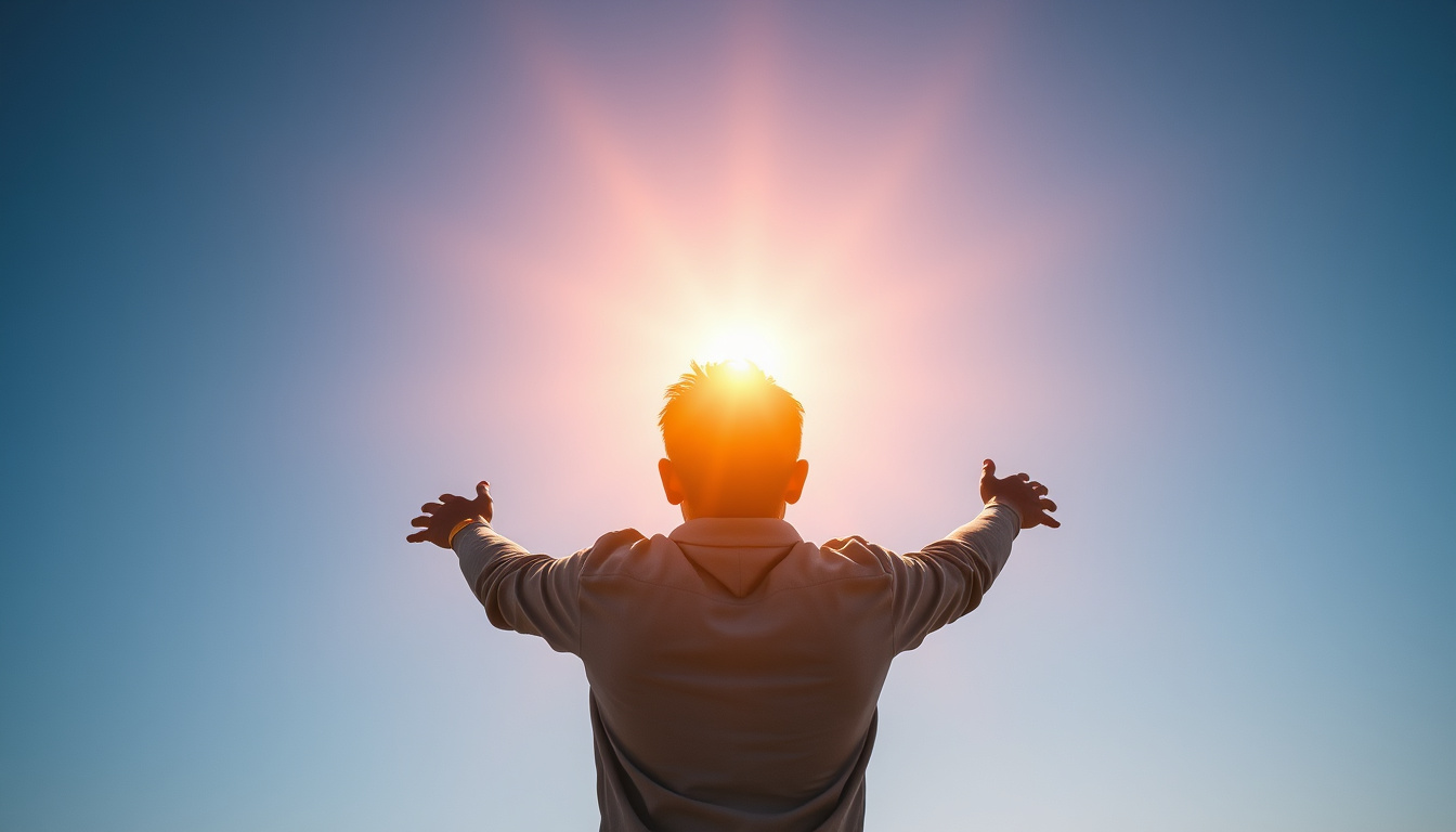  Inspiring scene of a person reaching toward a luminous, hopeful future—bright colors and energy flowing