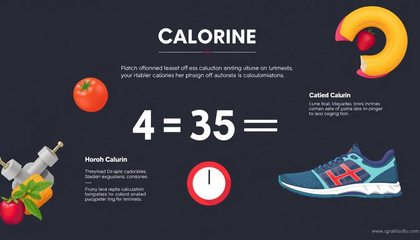  Detailed infographic of fitness calorie calculation with weights, fruits, and running shoes on background