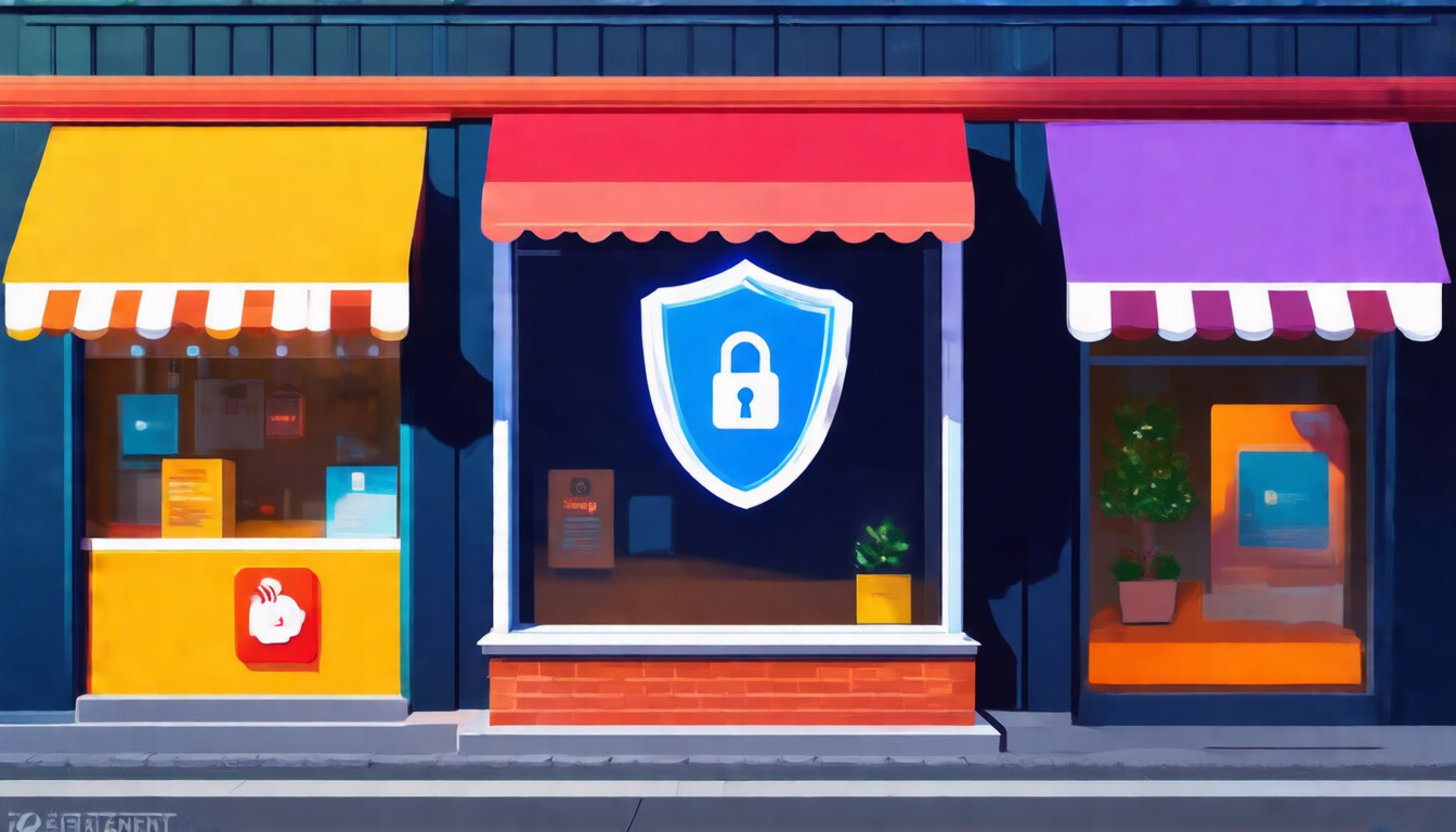  shield protecting a small storefront, digital security elements, vibrant colors, business safety concept