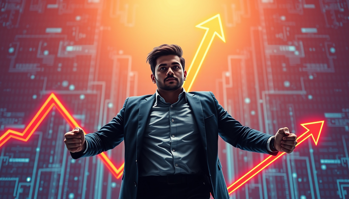 determined entrepreneur breaking barriers, glowing upward arrows, sleek technology background, sharp focus