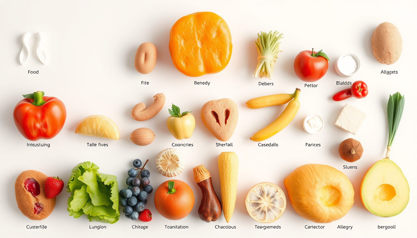  diverse array of common trigger foods with allergy symbols and treatment icons, soft pastel colors