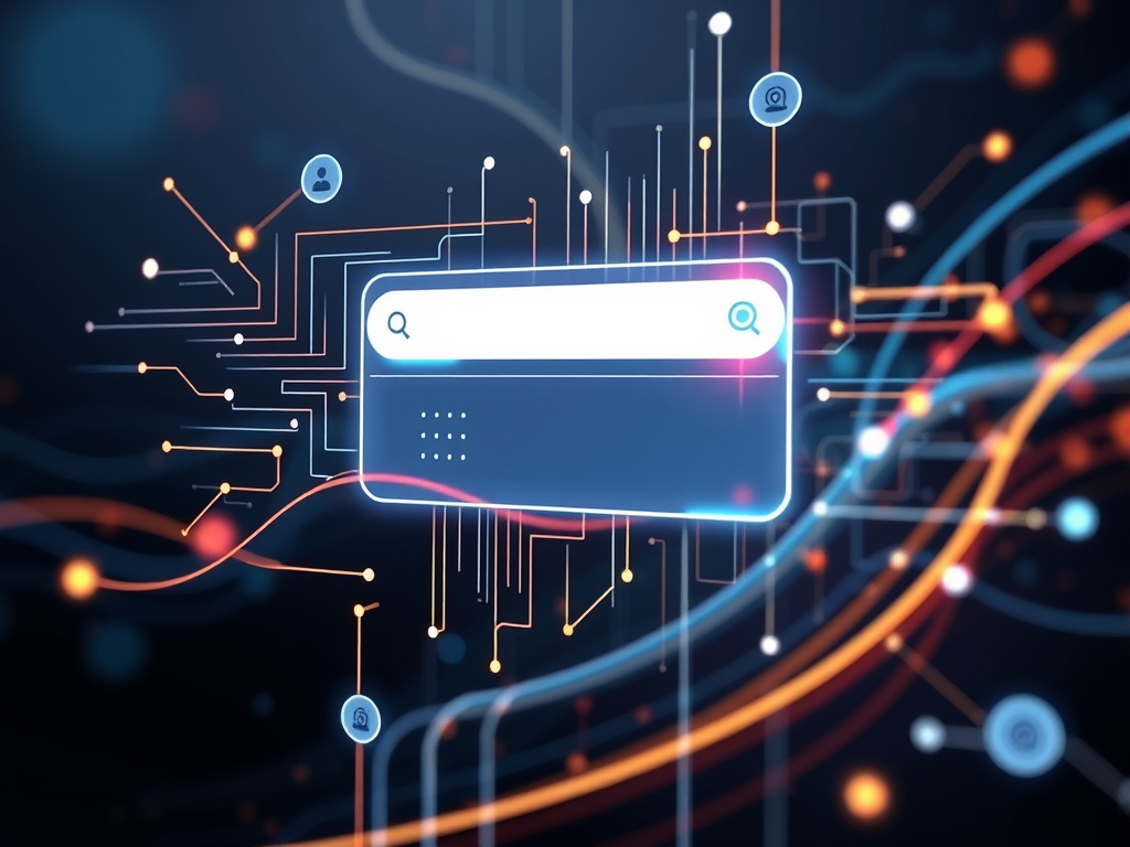 professional corporate illustration of a digital search interface with abstract data flows