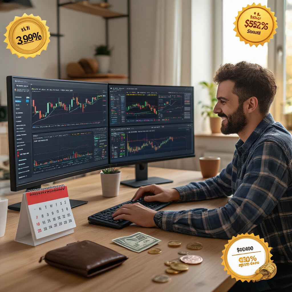 Create a realistic image of a satisfied trader looking at multiple TradingView premium charts on a computer screen with visible discount codes or savings symbols, a small calendar showing a subscription plan, and a wallet with some money being saved, all in a well-lit home office setting with a warm, accomplished atmosphere.