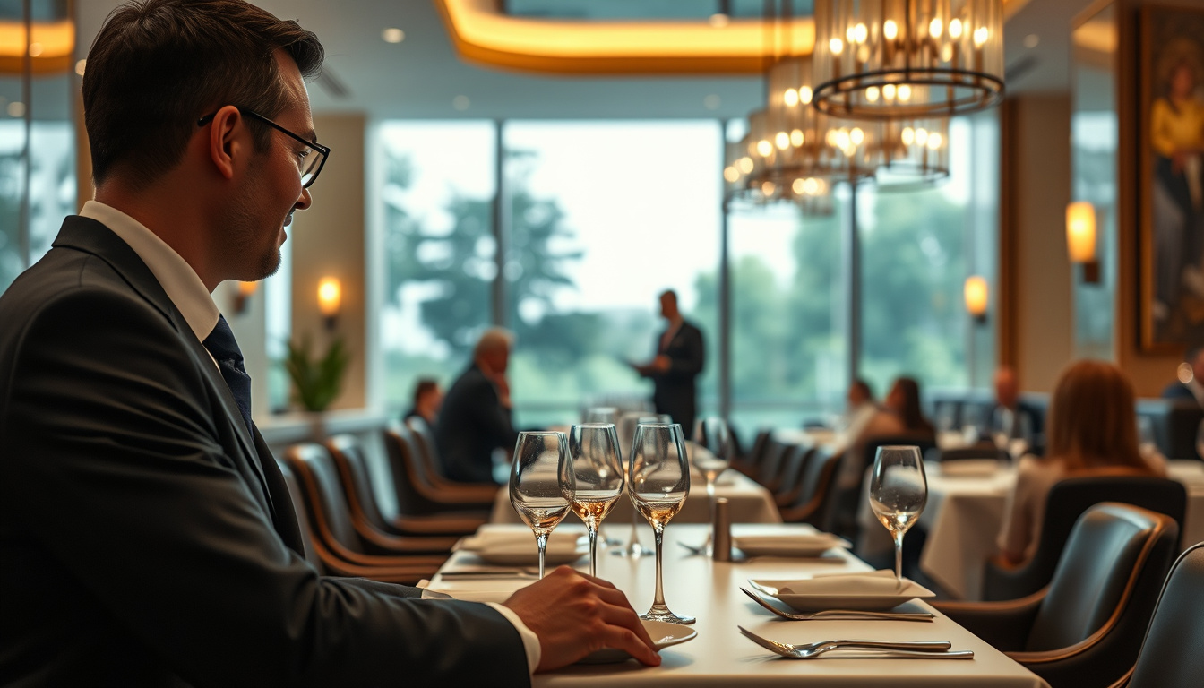  Customer overwhelmed by excessive service in a luxurious restaurant —no extra words