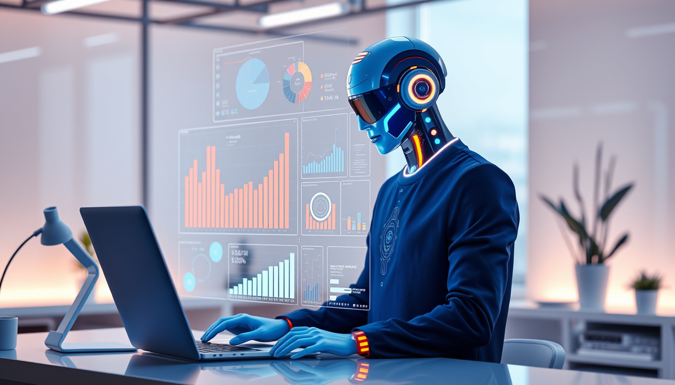  sleek personalized AI agent optimizing productivity, holographic data and graphs, modern workspace ambiance