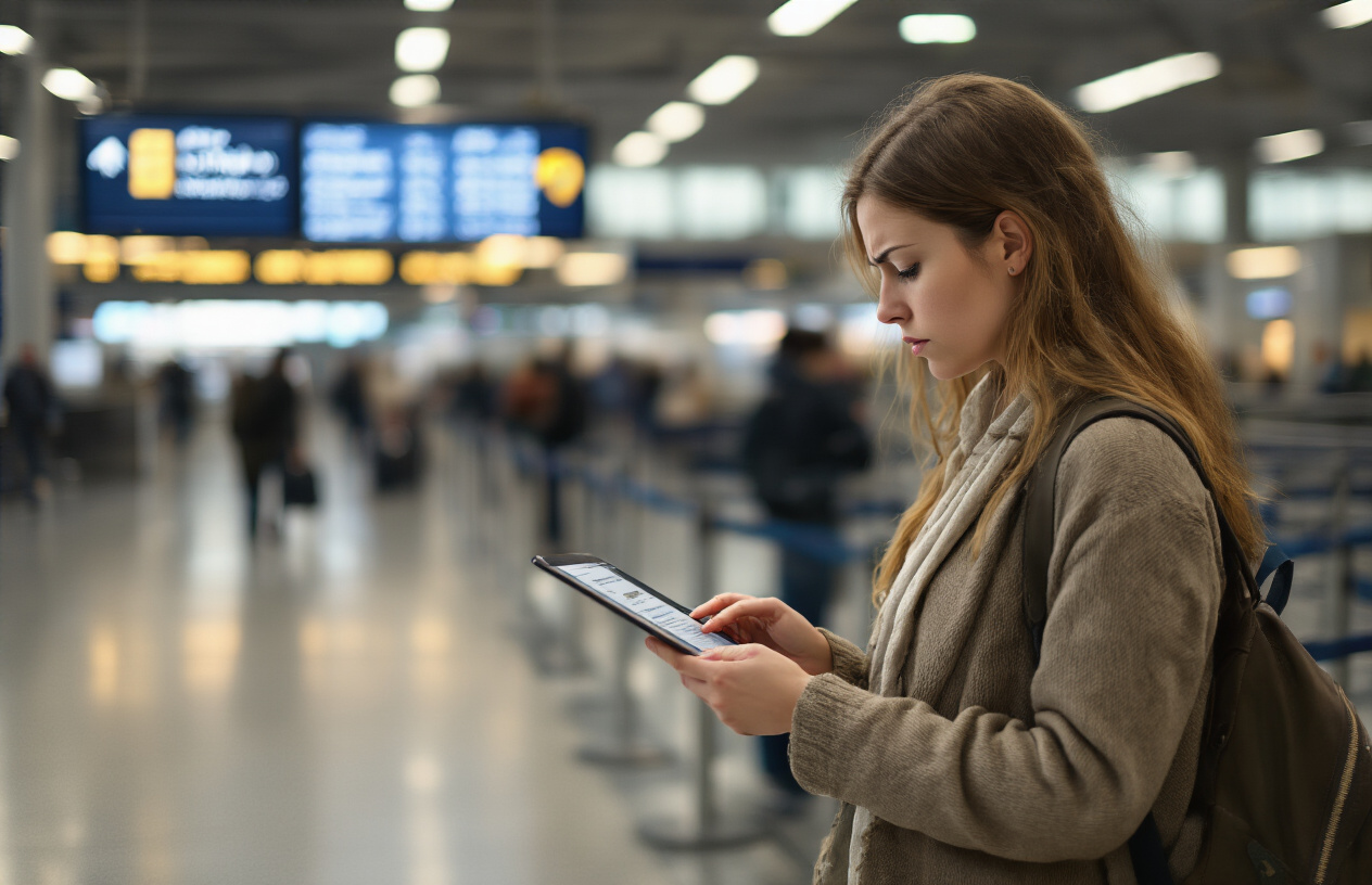 Create a realistic image of a frustrated traveler (white female) at an airport gate reviewing flight compensation documents on her tablet, with a delayed flight notification visible on the departure board in the background, soft indoor lighting highlighting her focused expression as she navigates through the AirHelp app or website.
