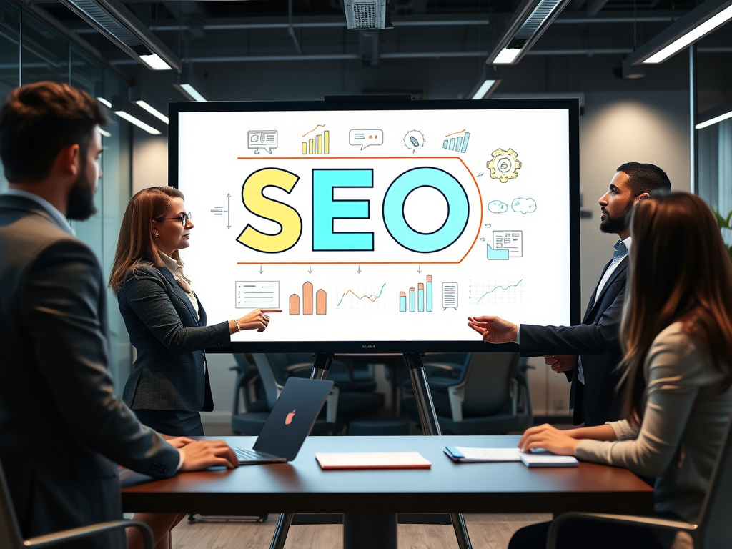 corporate team discussing SEO strategy on digital whiteboard in a modern office environment