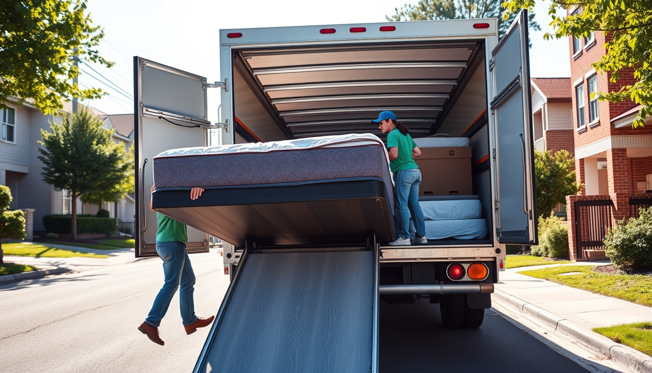  cheerful movers loading mattress into truck on sunny suburban street