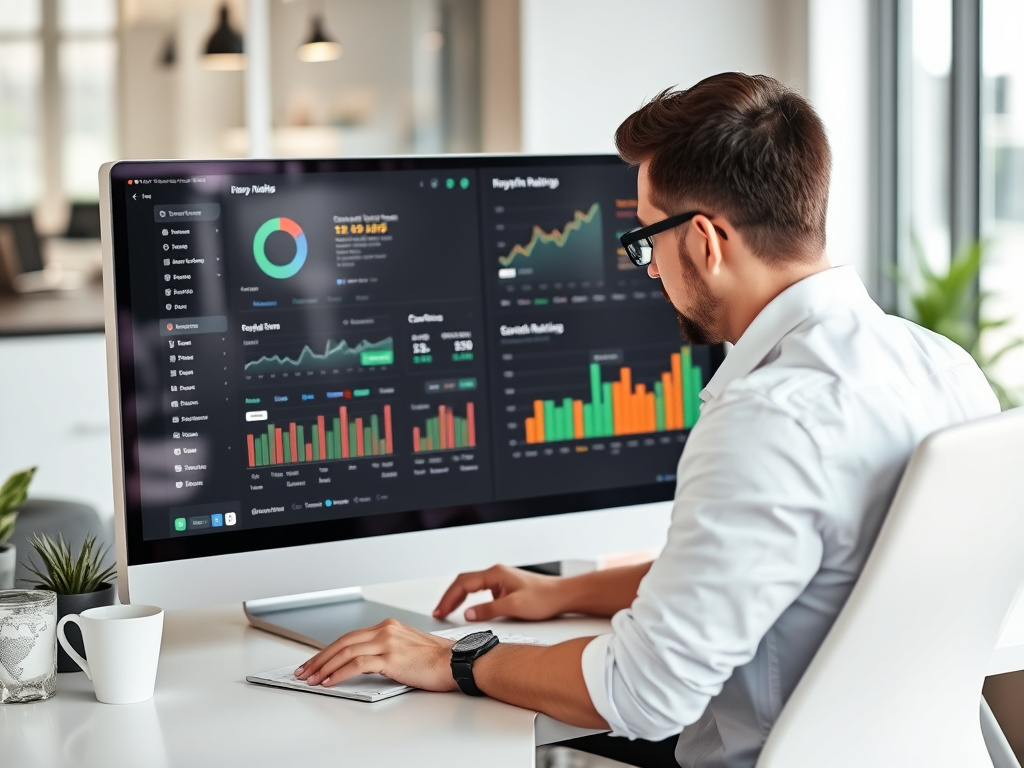 digital marketing analyst reviewing performance dashboards with keyword ranking data in a modern workspace
