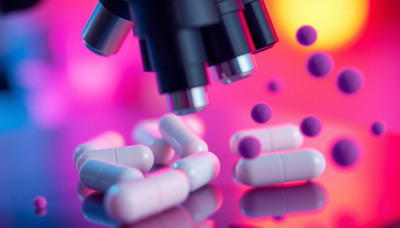  Close-up of antibiotic pills and bacteria under a microscope, clinical atmosphere