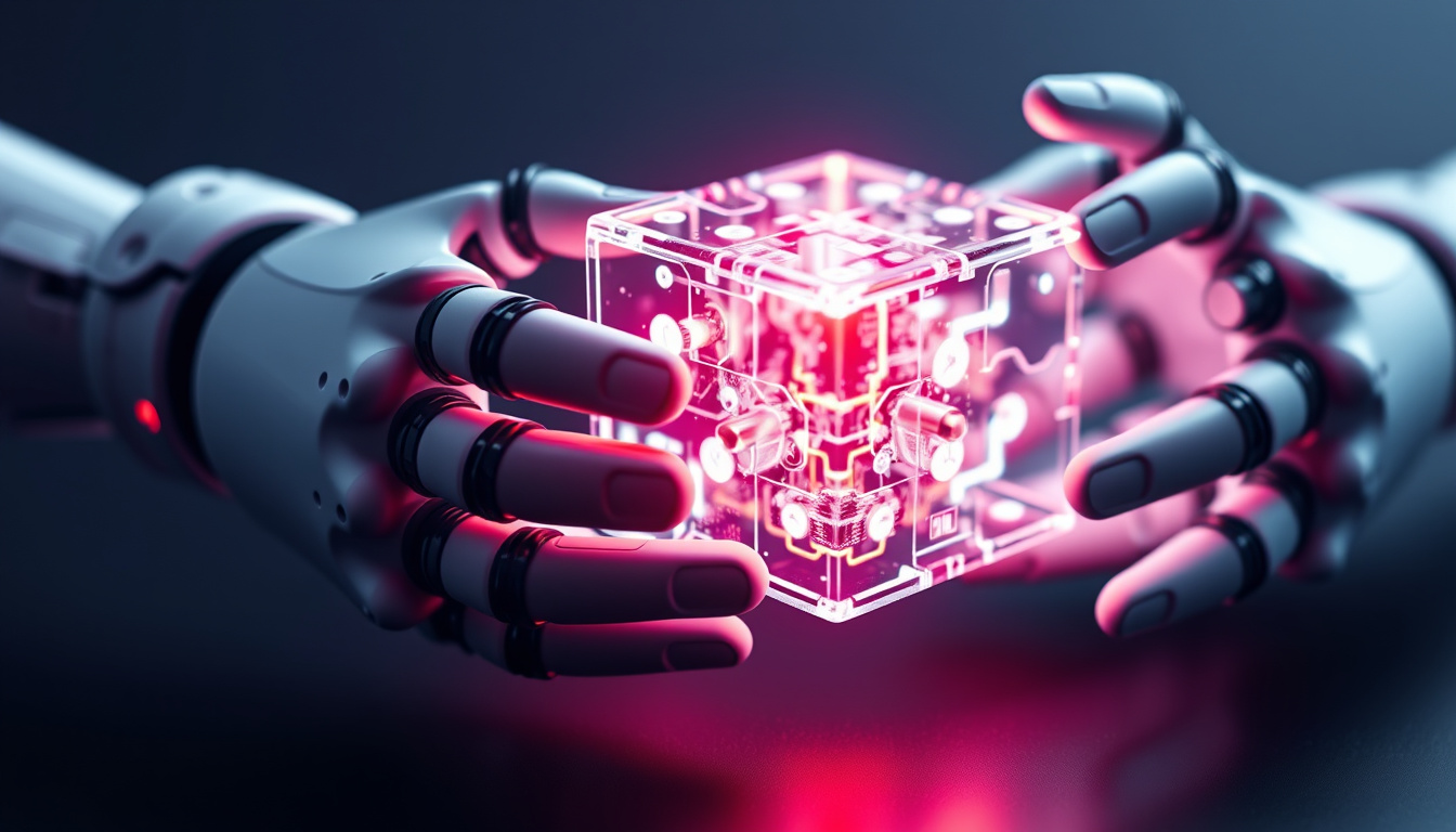  robotic hands unlocking a glowing, complex puzzle cube symbolizing AI innovation