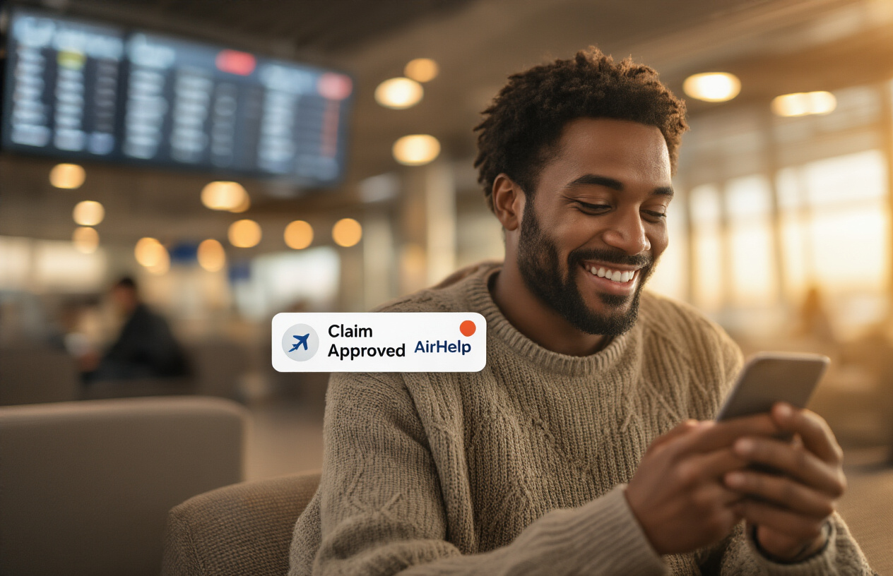 5-Minute Guide to Filing a Flight Compensation Claim with AirHelp in 2025 7 Create a realistic image of a smiling passenger checking their phone with a notification showing "Claim Approved" and a small AirHelp logo, sitting in an airport lounge with a departures board visible in the background, warm lighting creating a sense of relief and satisfaction.