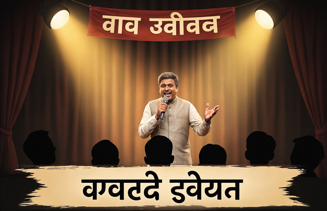 Create a realistic image of a small stage with a spotlight shining on a middle-aged Indian male comedian performing, microphone in hand, with an expressive gesture as if delivering a punchline, audience silhouettes visible in the foreground laughing, Hindi text visible on a banner above reading "हास्य कलाकार" (Comedians), warm lighting creating an intimate comedy club atmosphere.