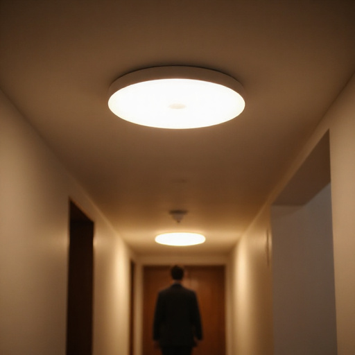 Primary hero image showing ceiling light with motion sensor illuminating a South African passageway with soft neutral-white ambience