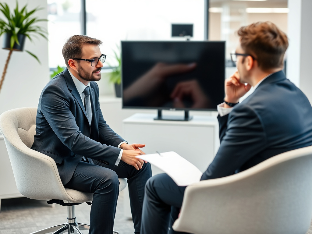 Business professional in a one-on-one consultation discussing SEO strategy with a client in an office setting