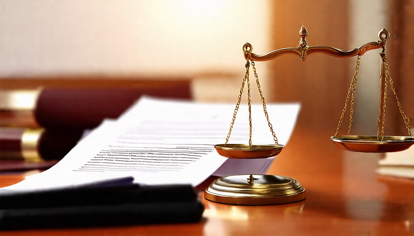  courtroom scales of justice balanced with contract documents, close-up on legal text, warm lighting