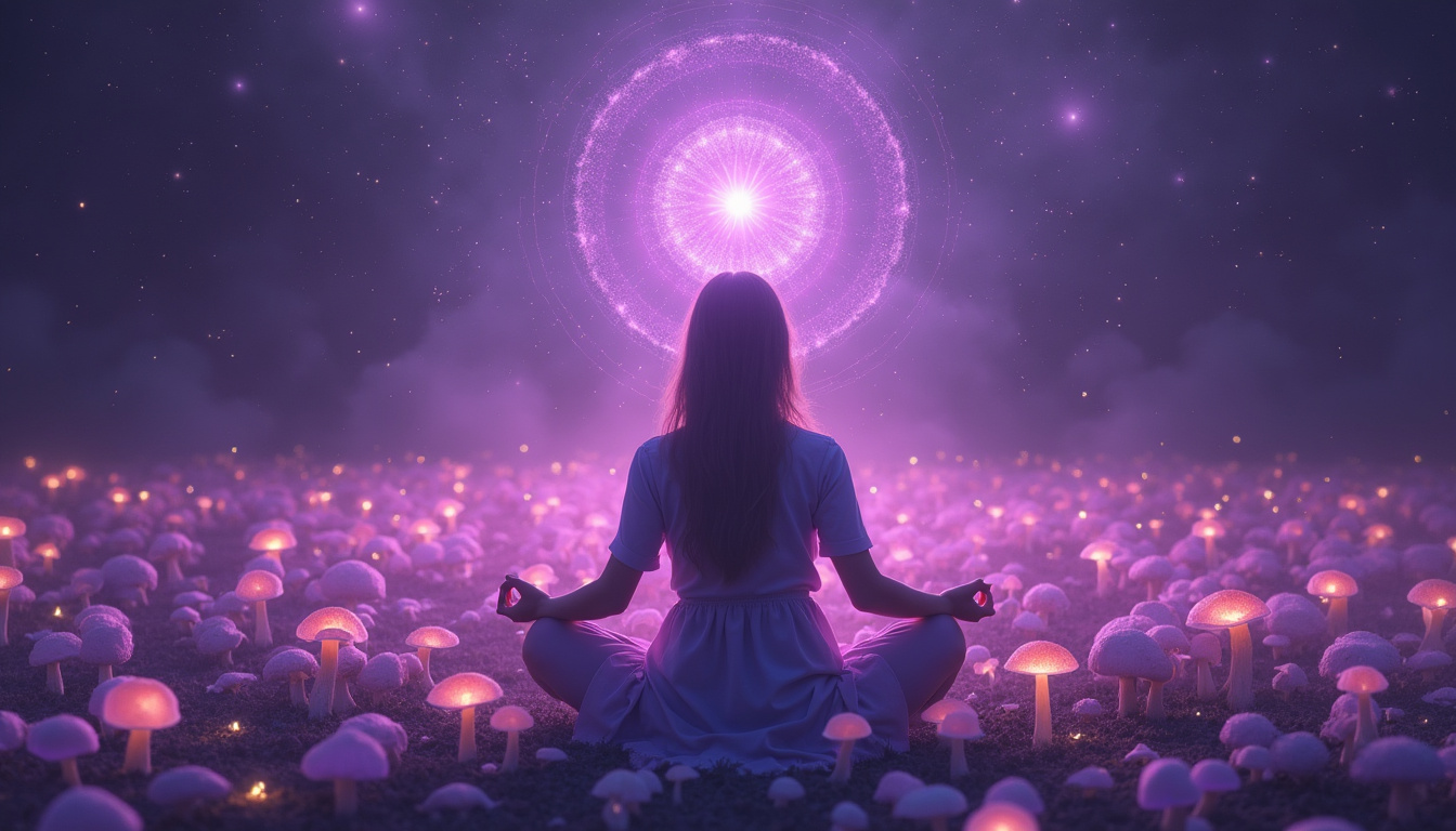  Serene person meditating with purple psilocybin mushrooms surrounding peaceful aura
