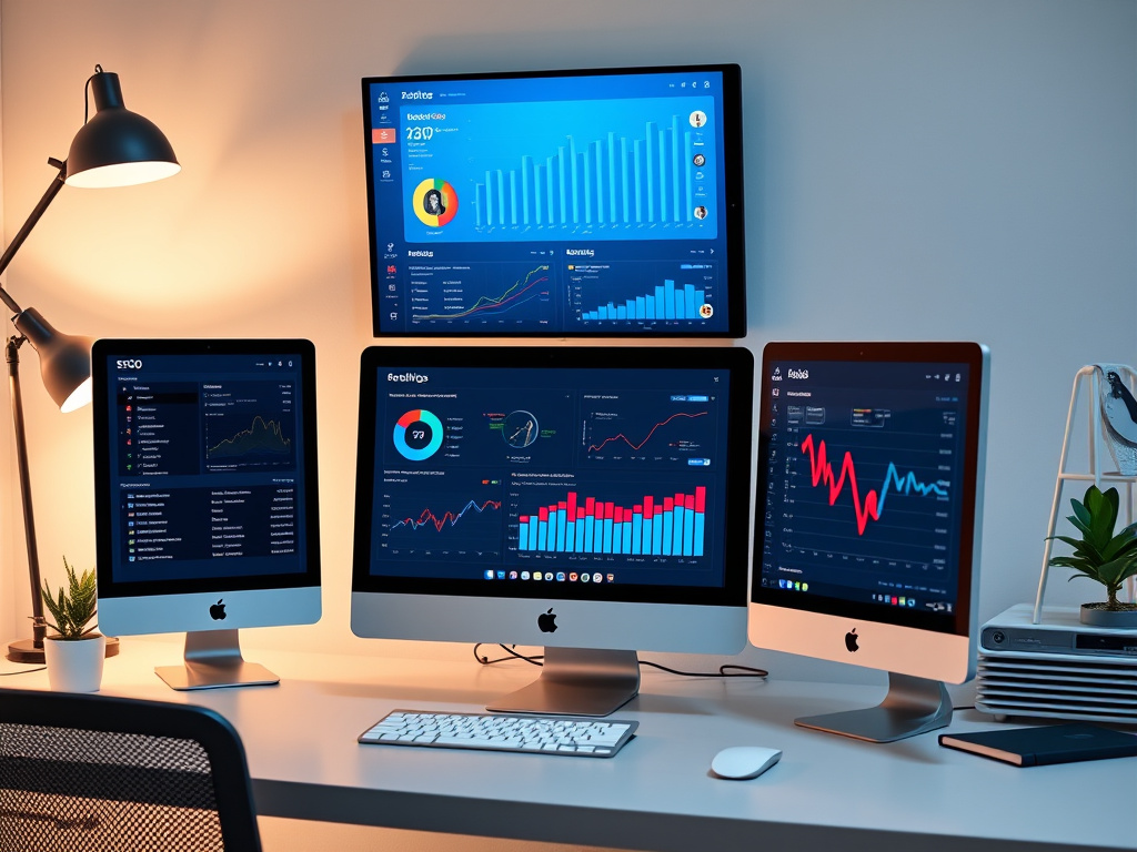 professional workspace with multiple digital devices displaying SEO tool dashboards and analytics