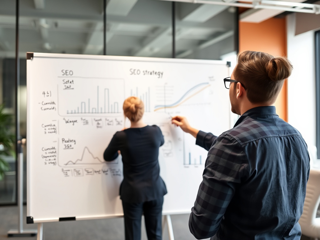 digital marketing specialist planning SEO strategy with charts and annotations on a whiteboard in a corporate conference room