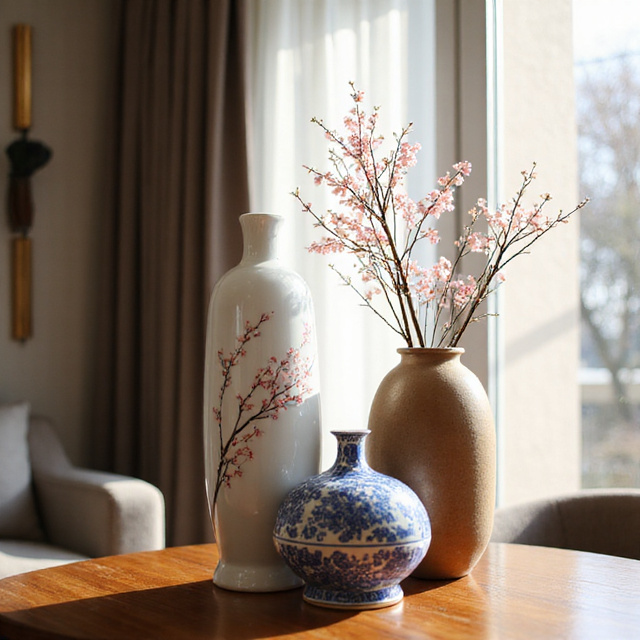 Stylish decorative vase set of 3 on a wooden console