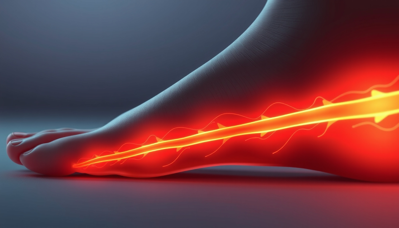  close-up of calm feet and glowing sciatic nerve illustration, warm tones