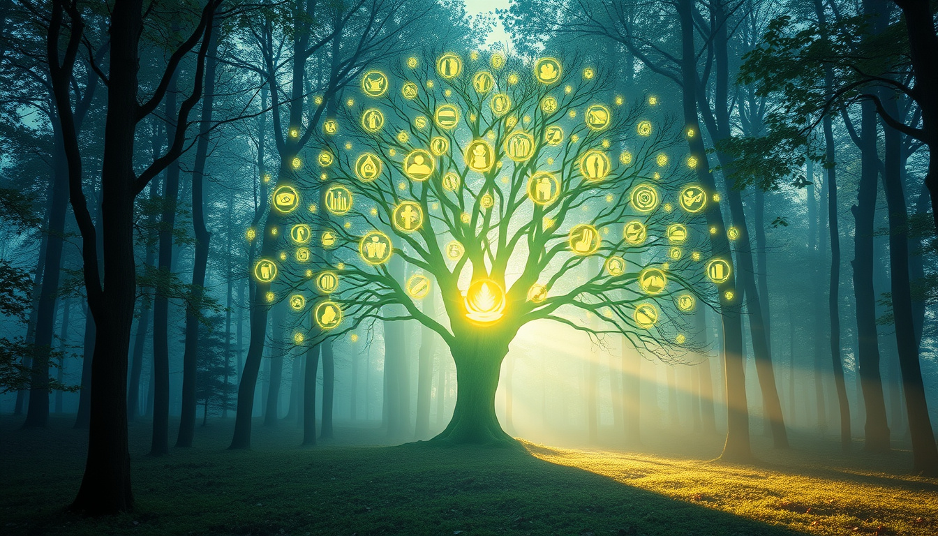  Mystical glowing tree of wisdom in a peaceful forest, soft ethereal light, symbols of enlightenment floating around