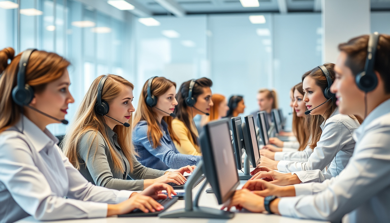  Call center team, collaborative work, diverse agents, high-tech communication equipment, bright environment