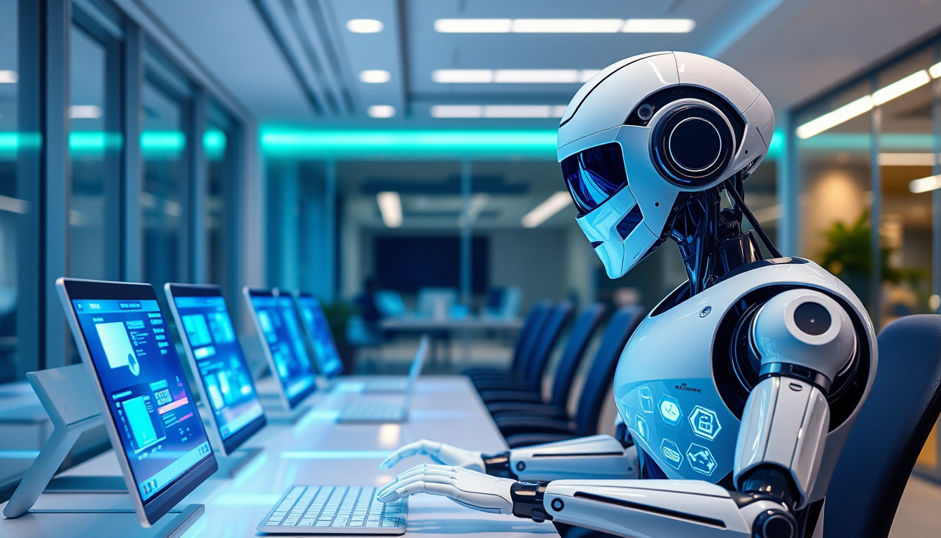  sleek intelligent robots automating office tasks, holographic interfaces, modern corporate environment