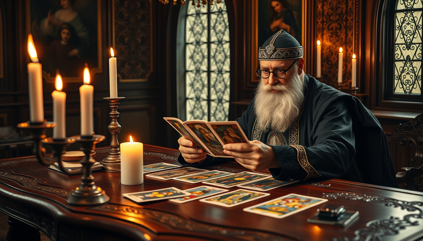  Wise tarot expert reading cards at ornate wooden table, candles flickering, aura of mystery