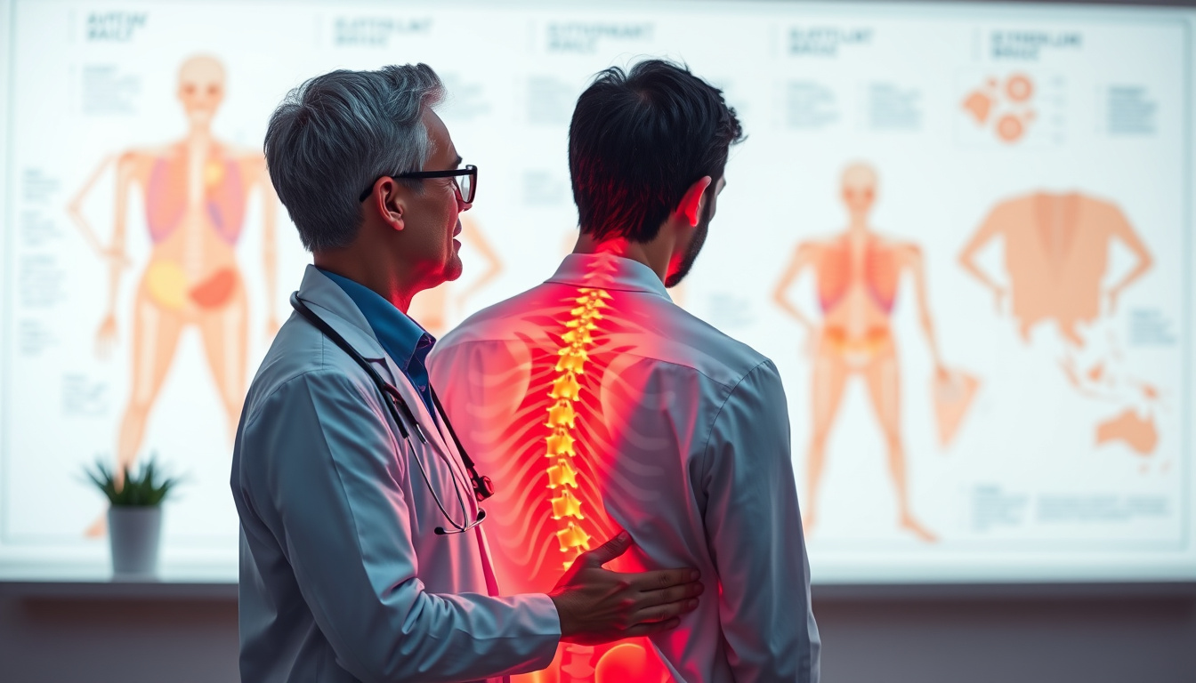  doctor consulting patient, back pain relief, anatomy chart background
