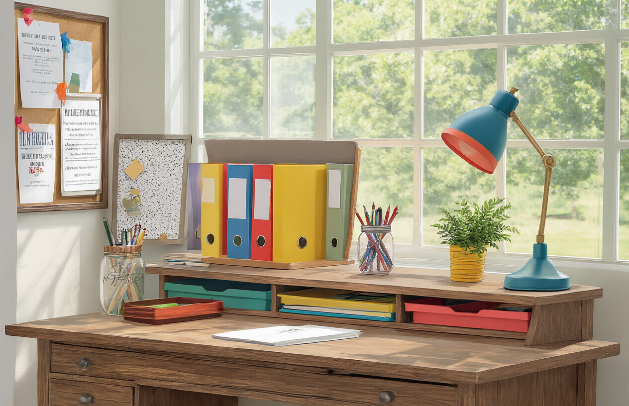 Create a realistic image of a transformed school registrar's desk workspace featuring a wooden desk with budget-friendly organizational elements like colorful file holders, a repurposed mason jar holding pens, a small potted plant, a bulletin board with important notices, and a desk lamp with a colorful shade, all arranged neatly in a bright office space with natural light streaming through a window.
