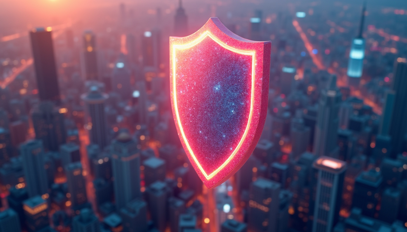  A shield icon symbolizing protection over a bustling cityscape