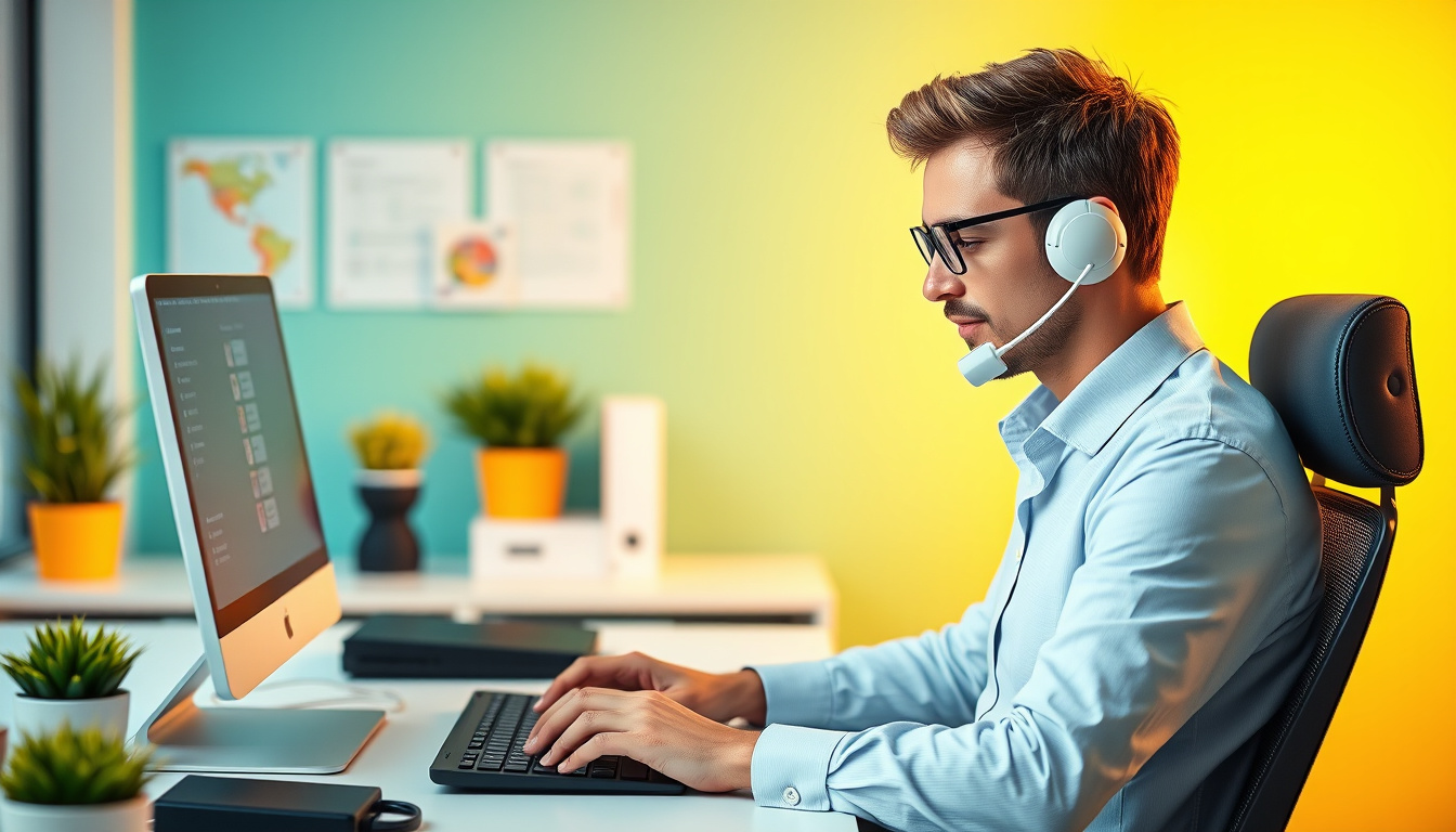  Entrepreneur managing calls efficiently with digital answering system, vibrant workspace