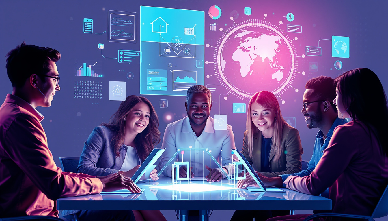  diverse team collaborating with intelligent agent platforms, holographic business automation charts floating