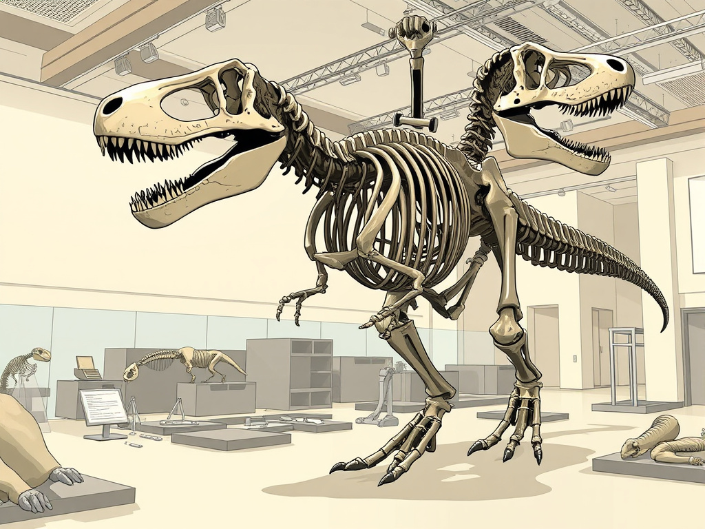 A detailed, photorealistic illustration of a Tyrannosaurus Rex skeleton being assembled in a museum setting, corporate aesthetic, neutral color palette