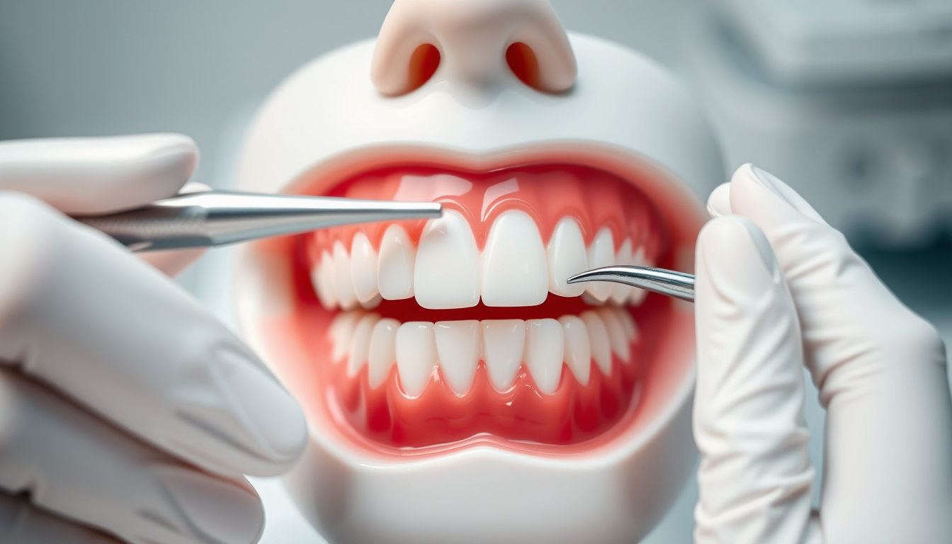  close-up of dental tools and sensitive teeth model, soft lighting, professional setting