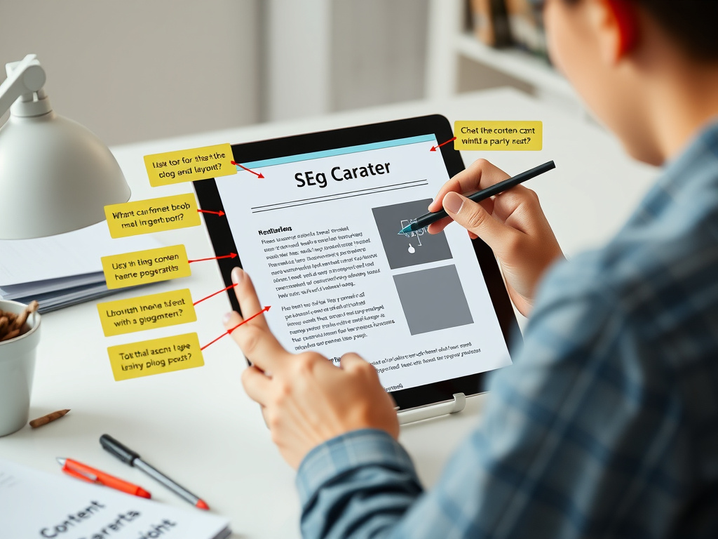 content creator designing a blog post layout with SEO annotations on a digital device
