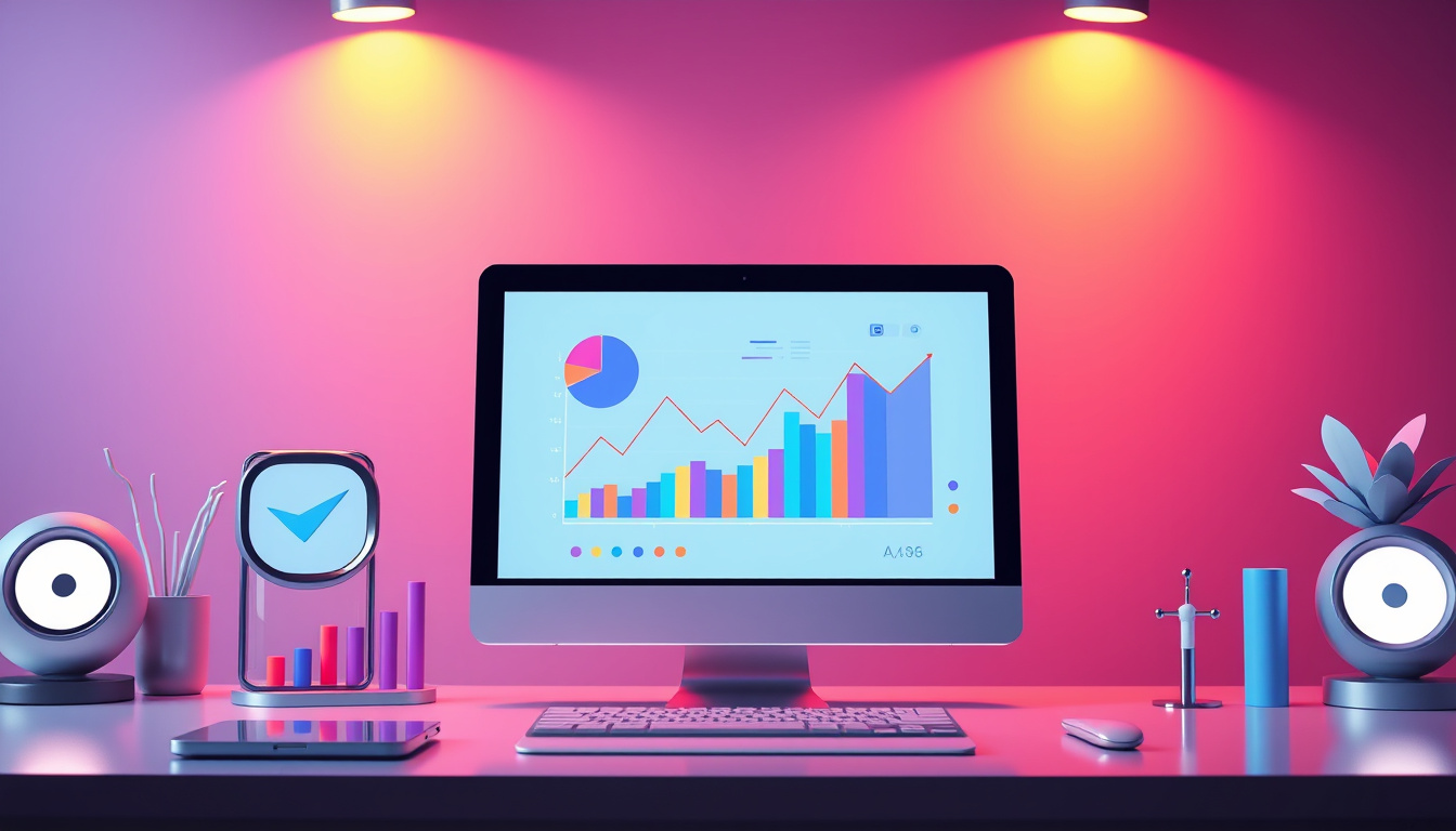 Modern digital marketing scene with conversion funnels and analytics