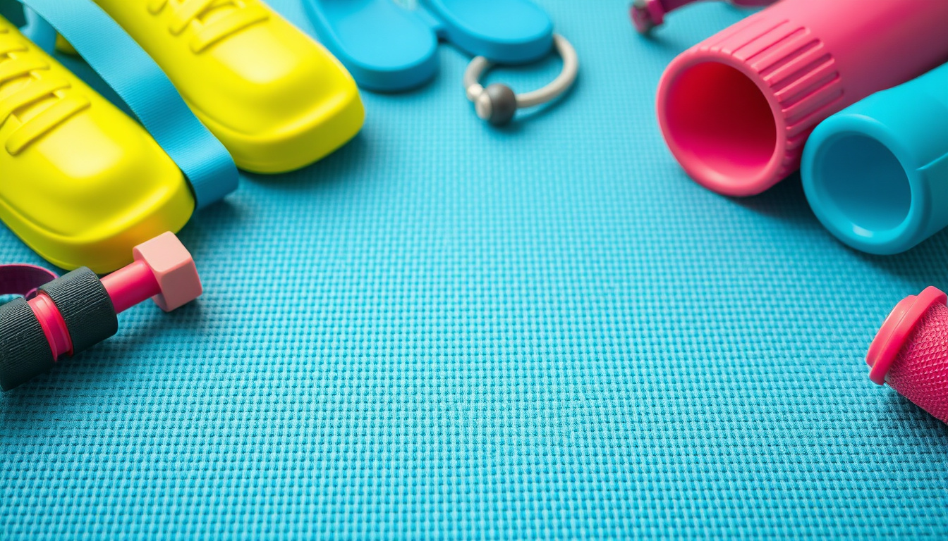  Close-up of textured exercise mat with workout gear scattered around