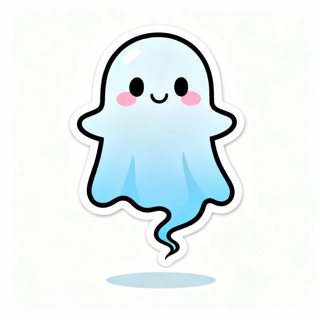 Printable sticker about minimal cute cartoon friendly ghost, white background