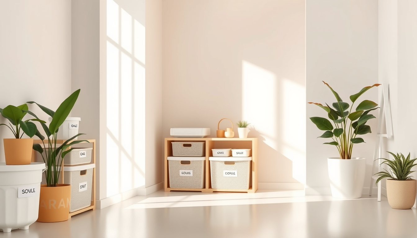  serene minimalistic room with labeled storage bins, peaceful atmosphere, plants and soft colors