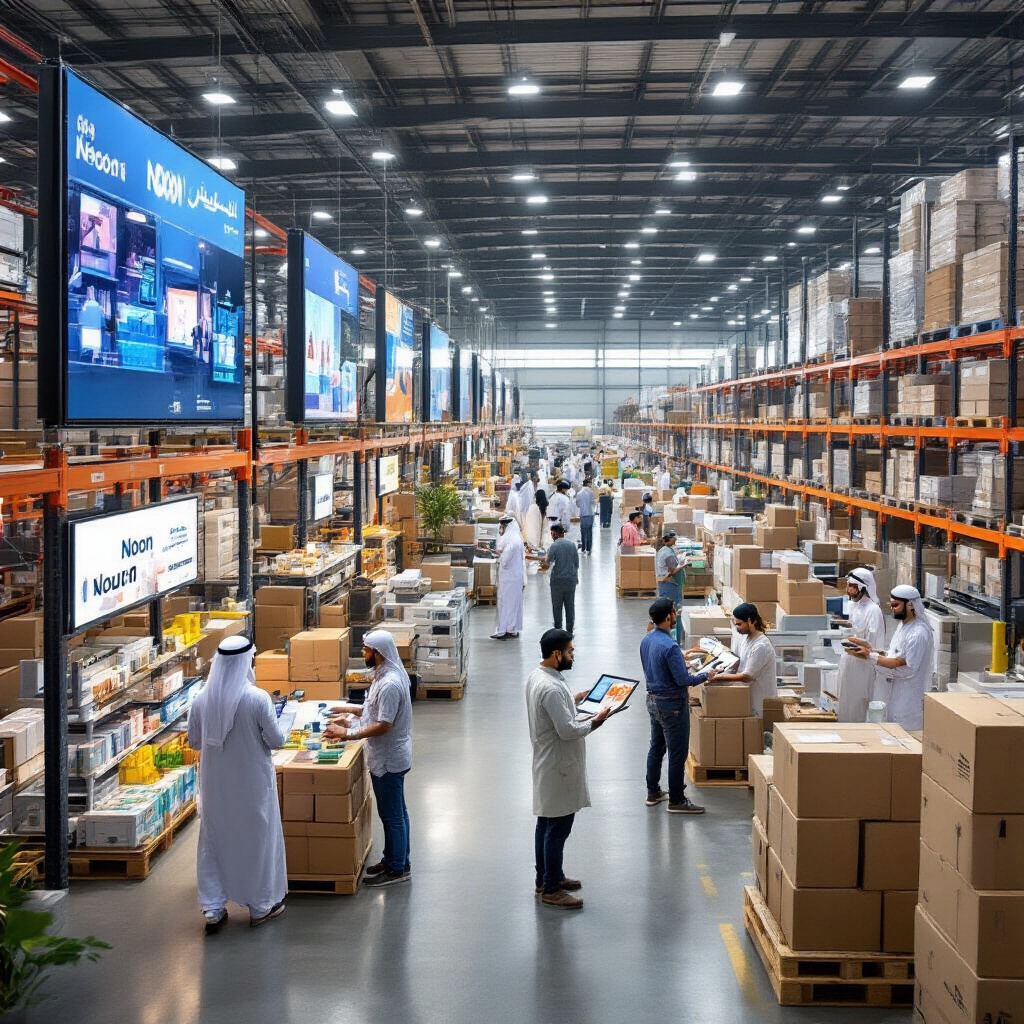 Create a realistic image of a modern warehouse or fulfillment center in Dubai with diverse local vendors (mix of Arab, South Asian, and other ethnicities, both male and female) showcasing their products on digital displays, with Noon-branded packaging and technology visible in the background, bright professional lighting highlighting innovation, and workers collaborating on logistics systems that support small businesses.