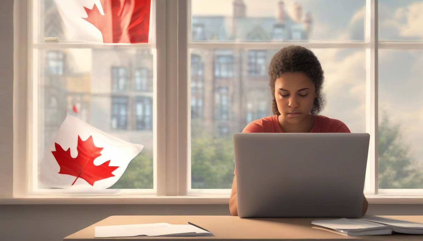  Calm young person reviewing debt solutions on laptop, maple leaf flag visible outside window