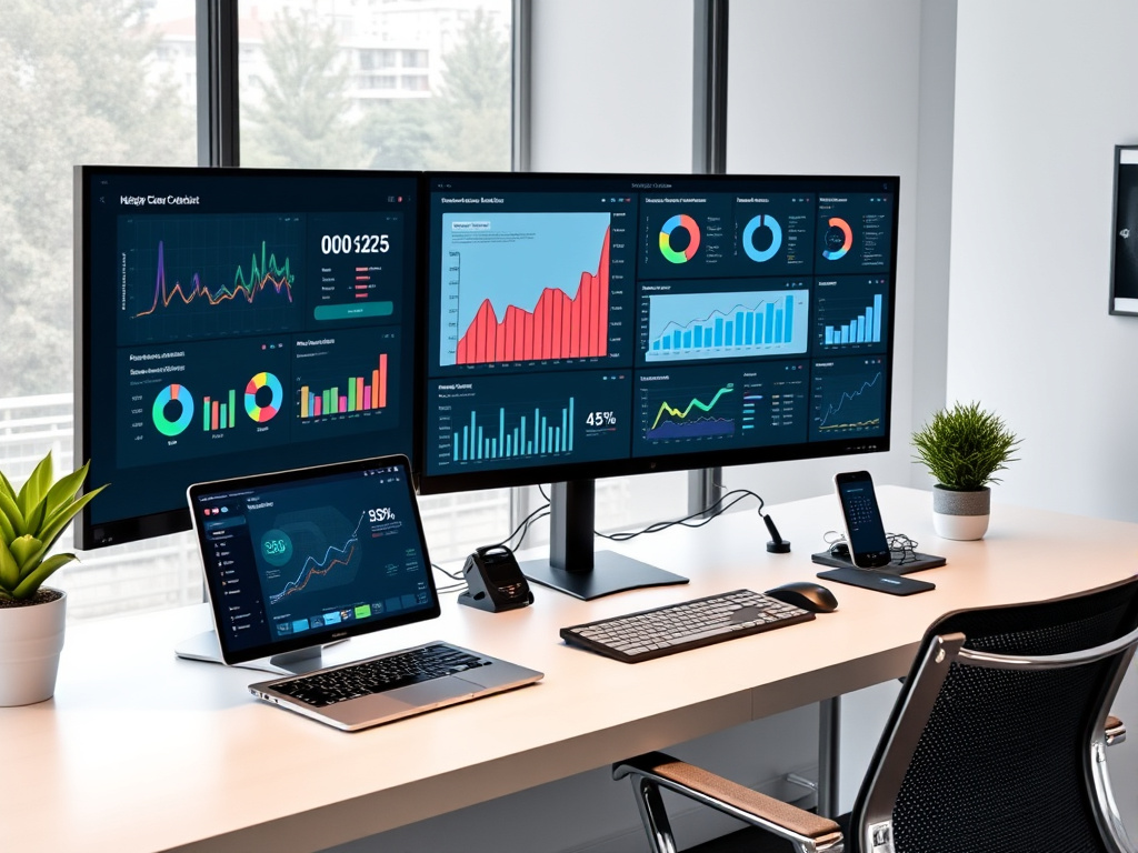 sleek professional workspace with multiple screens displaying SEO analytics dashboards