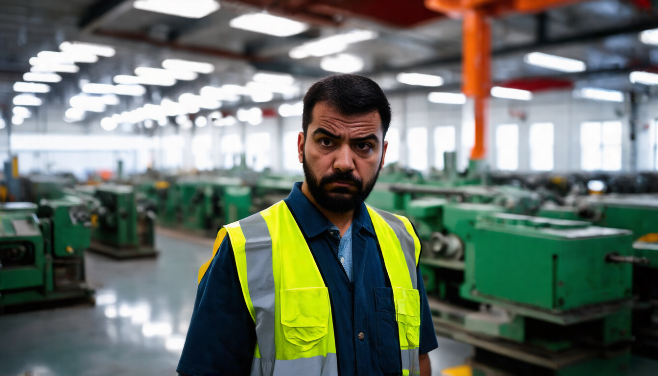  damaged machinery on factory floor, worker looking distressed, blurred background warning signs, concept of gross negligence