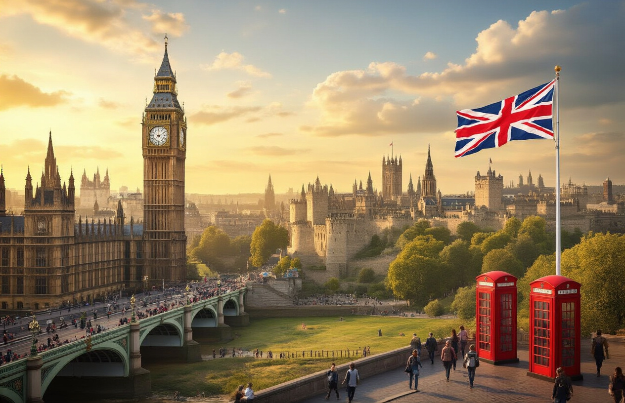 Create a realistic image of a panoramic view showcasing iconic UK landmarks including Big Ben, London Bridge, and traditional red telephone boxes in the foreground, with the Union Jack flag prominently displayed on a flagpole, rolling green countryside with ancient castles in the background, bustling city streets with diverse people of various races walking about, warm golden hour lighting creating a welcoming atmosphere that captures the essence of British history, culture and modern life, absolutely NO text should be in the scene.
