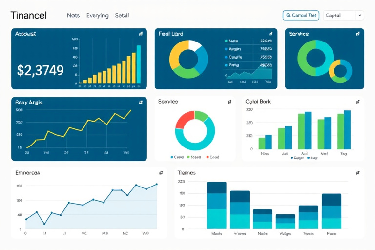 modern financial dashboard interface showing various charts and graphs analyzing financial data, with blue and green color scheme, clean typography, data visualization elements including pie charts, bar graphs and trend lines, on a light background with subtle grid lines, professional corporate style