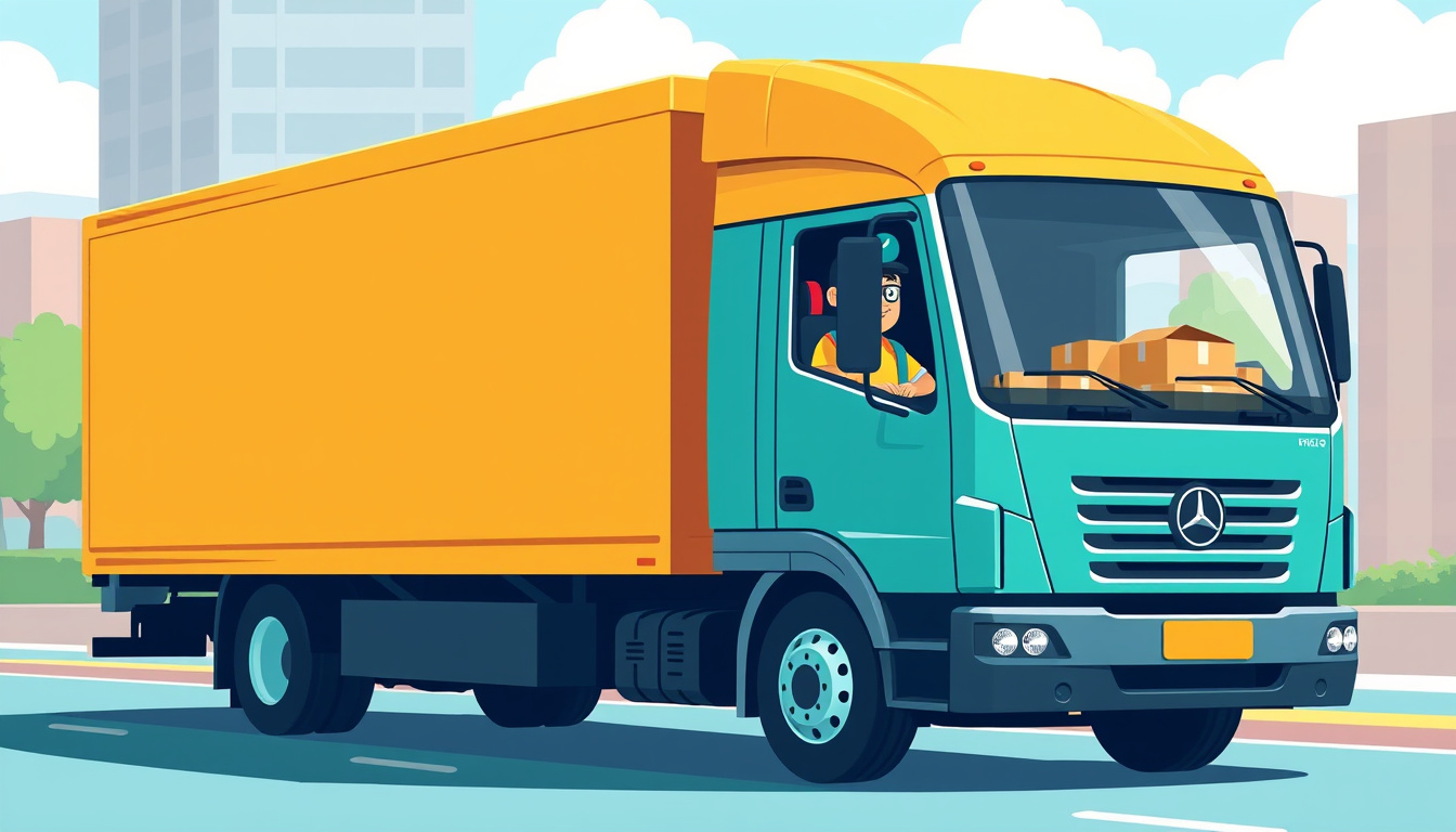  A friendly driver with a large truck loading goods, urban background